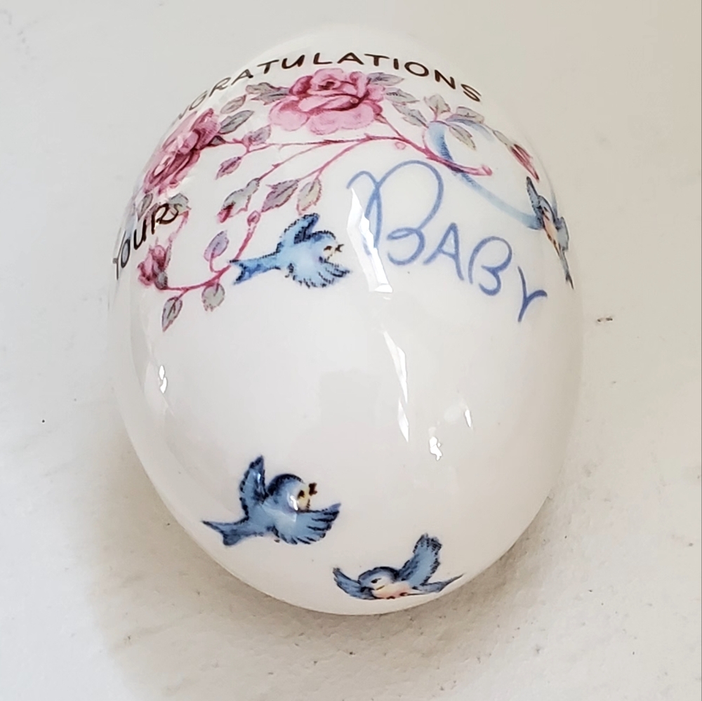 Vtg. The Egg Lady Porcelain Handpainted "Congratulations On Your Baby" Egg, EUC